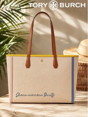 Tory Burch Blake Large Canvas Tote & Matching Pouchette- Cream Yellow Blue Gold